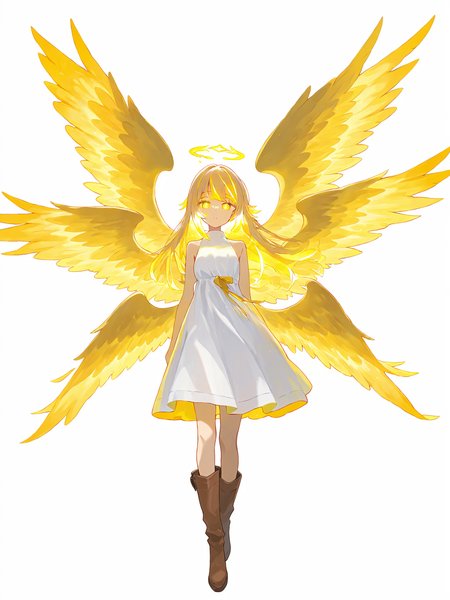 <lora:nai_ILL:0.8>,
<lora:Glowing_Spot_Color_-_Illustrious:0.6>, glowing eyes, streaked hair, glowing inner hair, glowing streaks,
1girl, solo, wings, dress, multiple wings, blonde hair, white dress, feathered wings, boots, white background, simple background, looking at viewer, sleeveless, long hair, brown footwear, full body, yellow eyes, bare shoulders