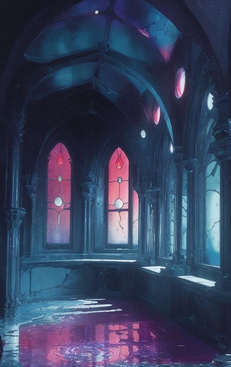 artwork <lora:Moebius:1>, gothic architecture, nebula,reflection on puddle,star,louvered window BREAK modern decor,petrochemical,cytotoxic,melt, color grading
