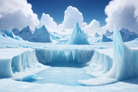 overlooking frosty mountain tops, icy glaciers, frost dripping clouds, on an exotic planet, ice is white and blue, cloud frost is white and blue, mountain dirt is red