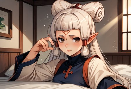 score_9, score_8_up, score_7_up, score_6_up, score_5_up, score_4_up, source_anime, , (best quality) , (highly detailed) , (best quality) , (highly detailed) ,((masterpiece)), ((best quality)), (ultra-detailed), ((extremely detailed)), (high resolution), 4K, (8K), best quality, (beautiful), (dynamic lighting), (super detailed skin), sharp focus, (1_girl, solo focus), masterpiece ,absurdres ,detailed face ,beautiful face , bowpaya, paya, elf ears, pointy ears, White hair,  pointy ears, brown eyes, forehead mark
 light rays, (light particles), 
chinese clothes, turtleneck, long sleeves, wide sleeves,, indoors, bed, bed room, blush, drunk, looking at viewer, solo, cowboy shot, dutch angle
 (portrait, upper body), OverallDetail,