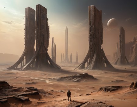 The remnants of colossal structures, forged by an ancient civilization now vanished into cosmic dust, stood as silent sentinels in the vast desert, whispering tales of a lost sci-fi utopia, b3ks1n