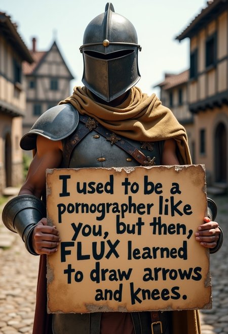A medieval villager with dirty sleeveless armor, a full face helmet, and a tan shawl, standing in a small medieval town. He’s holding a large sign that says “I used to be a pornographer like you, but then, FLUX learned to draw arrows and knees.”
