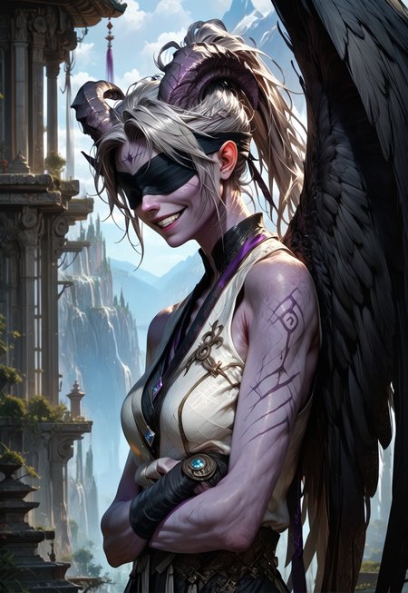 (absurdres, best quality, masterpiece:1.4), 
score_9, score_8_up, score_7_up, score_6_up, 
detailed, 
detailed body, 
detailed face, 
(((smooth skin, unbroken skin, detailed skin))), 
fantasy, 
alone, 

female, 
tiefling, 
h0rns, 
ram horns, 
black horns, 
tall, 
((((purple skin)))), 
((long grey hair, ponytail)), 
(((wingsd, black wings))),

crossed arms, arms across stomach, 
soft smile,

(white robe, sleeveless, 
blindfold, black cloth blindfold), 

depth of field, 
outdoors, 
mountain temple, 
upper body