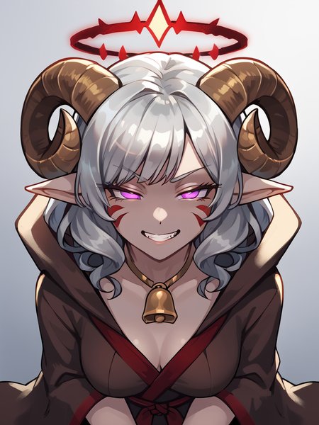 source_furry, score_7_up, rating_safe, cowboy shot, gold necklace, tiefing, short pointed ears, brown horns, (a pair of brown sheep Horns that begin at her temples and curve back: 1.5), bangs, long silver hair long wavy hair, pale skin, <lora:whisker_markings:0.8>red whisker_markings ,short pointy ears, purple eyes, <lora:age_slider_v4:0.6>   medium breasts, skinny female, close up, silver hair, <lora:Tieflingnew weird fantasyDND:0.3> Tiefling, pointed ears, horns, <lora:Smooth Style 2 SDXL_LoRA_Pony Diffusion V6 XL:0.5> bell, robe, hood off,
shadow, 
 <lora:Crown_of_Madness:0.6> glowing crown:0.4, (red  light):1.6,   hypnosis, half-closed eyes, evil grin,  from above,