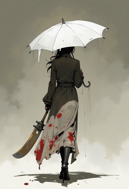 from the back, a lady is walking but the body is covered by a wide white umbrella that she is holding, one hand is in front of the body, she is wearing high heels and a long dress with lots of blood stains, she is dragging a big long rusty blade with a long handle, She is holding the handle with strong grip, the blade leaves scar on the ground, Niji Stan Katayama Style