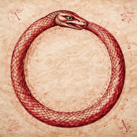 Ouroboros, ruby colored eyes, snake eating its own tail, snake with its tail in its mouth, snake, solo snake, drawn on ancient parchment paper, background is parchment paper. ancientegypt, detailed background.