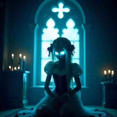 analog film photo Half-body portrait of a zombie girl kneeling by a gothic arched window, her pale face softly lit by silver-blue moonlight. She wears a corseted Victorian blouse with frayed lace sleeves. Her glowing white eyes stare blankly, lips parted in silence. Her long white hair is loosely braided with dried rose petals. Soft cyan tones, shallow depth of field, analog film with delicate grain and light bleed.
 <lora:undead denizens v2.2:1> udenv2, undead_creature . faded film, desaturated, 35mm photo, grainy, vignette, vintage, Kodachrome, Lomography, stained, highly detailed, found footage, RAW candid cinema, 16mm, color graded portra 400 film, remarkable color, ultra realistic, textured skin, remarkable detailed pupils, realistic dull skin noise, visible skin detail, skin fuzz, dry skin, shot with cinematic camera