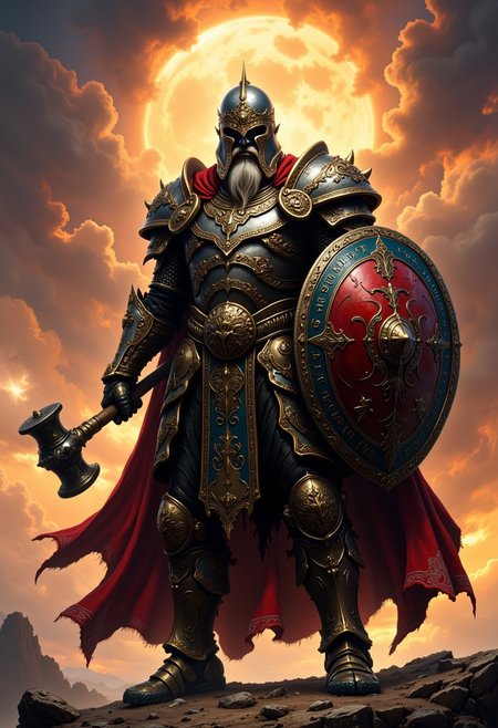 in the style of ck-ovf, Fantasy warrior, dwarf, armored, shield, hammer, regal helmet, intricate armor design, glowing runes, battle stance, apocalyptic sky, fiery backdrop, mysticism, epic