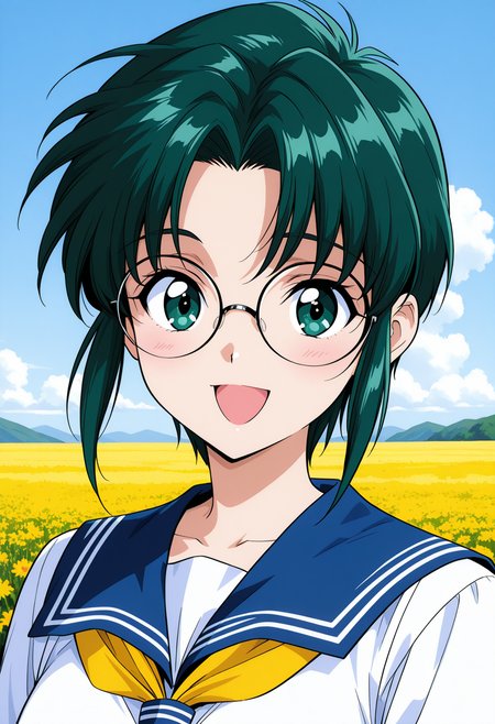 furutachi_ichiko, green eyes, green hair, short hair, round eyewear, school uniform, serafuku, blue sailor collar, yellow neckerchief, short sleeves,  <lora:asuka120_furutachi_ichiko_illustrious_ver1:0.8> 
smile, open mouth,, masterpiece, best quality, sensitive,, 1girl, solo, (field:1.2), (blue sky:1.2), looking at viewer,, (upper body:1.2), (close-up:1.2), (facing viewer:1.2), (open eyes:1.4), (portrait:1.2)