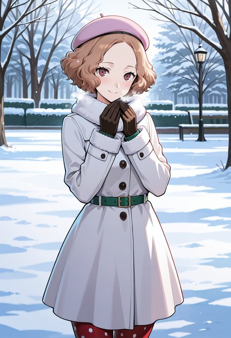 (masterwork, masterpiece, best quality, hyper-detailed),
1 girl, solo, 
p5haru, brown hair, short hair, wavy hair,
p5haru-wintercas2, beret, pink beret, long coat, thin belt, green belt, gloves, red pantyhose,  polka dot legwear,
outdoors, park, trees, cold, snow, v arms, looking at viewer, smile, cowboy shot,