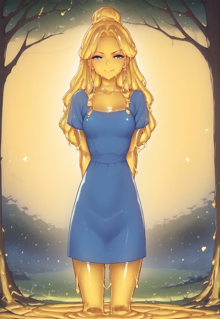 safe_pos, score_9, score_8_up, score_7_up, (yellow slime girl:1.2), solo, blonde hair, long hair, small breasts, (mature face:1.2) volumetric lighting, perfect lighting, outdoor lighting, outdoors, magical forest, enchanted trees, grass, ethereal flowers, detailed background, blue dress, formal dress, intricate dress, standing, (cowboy camera shot:1.2), made of slime, mischievous smirk, smirk, short sleeves, (looking at viewer:1.1), standing, (perfect hands:1.2), legs, perfect hands, five fingers, hands behind back, (translucent yellow body:1.5), blue eyes,