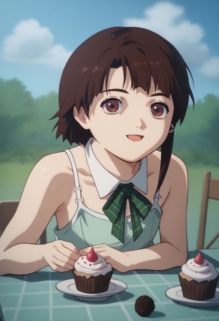 score_9, score_8_up, score_7_up, score_6, source_anime, lain, brown hair, (light green camisole, bowtie), table, tartan tablecloth, single tea pot, single tea cup, happy, ((cupcakes)), cute, chibi, close view, clouds sky background, outdoors, airborne