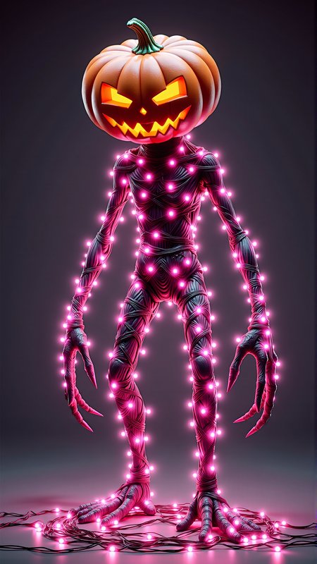A concept art of of a ChristmasLightsStyle a monster pumpkin head + tall thin body, long legs and arms, long claws + glowing eyes ::10 evil + trending on artstation, cgsociety, concept art, digital art, ultra HD, 4k, 8k, spooky. Covered in Light Pink christmas lights, tangled wires all wrapped up
<lora:ChristmasLightsStyleFlux:0.8>
