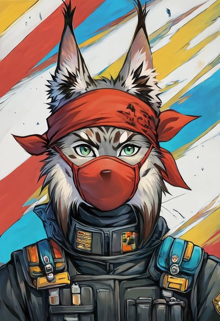 Score 9, Score_8_up, Score_7_up, ng_deepnegative_v1_75t, negative_hand, charturnerv2, knee-deep portrait of adult male,  banners, starship, high technology, shirt, fingerless gloves, soldier uniform,, , anime, Arknight provens, detailed background, cyberpunk, bandana, facemask, furry,  lynx species,  lynx tail, lynx ears, muscle, bulky