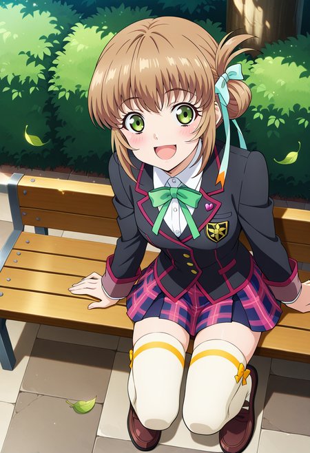 school, outdoor, trees, floating leaves, 
BREAK,
sitting, open smile, looking at viewer, blush,
full body, from above,
dynamic angle,
BREAK,
<lora:leiax2_illustriousXL_v01:0.9>
leiarnd, leiajk, brown hair, green eyes, short hair, hair tie, sidelocks, ribbon tie,
school uniform, black jacket, long sleeves, pleated skirt, plaid skirt,
white thigh highs, loafers,, source_anime, very aesthetic, anime coloring, masterpiece, 
best quality, amazing quality, ultra detailed, very aesthetic, 
detailed background, 
BREAK,