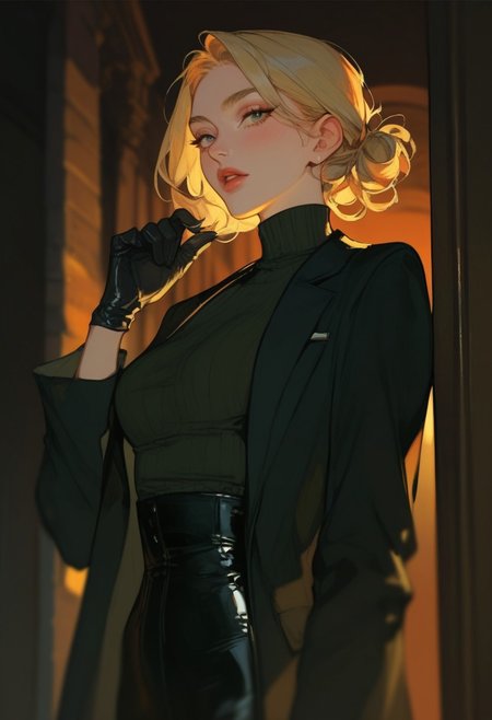 score_9, score_8_up, score_7_up, score_6_up, score_5_up, score_4_up,1girl, turtleneck sweater, black sweater, pale skin, semi-realism, medium breasts, tight clothes, dark narrow corridor, black latex gloves, formal suit, black suits, blonde hair, great artist, 8k, black formal jacket, shadows, cinematic scene, depth of field, long eyelashes, sharp eyebrows,