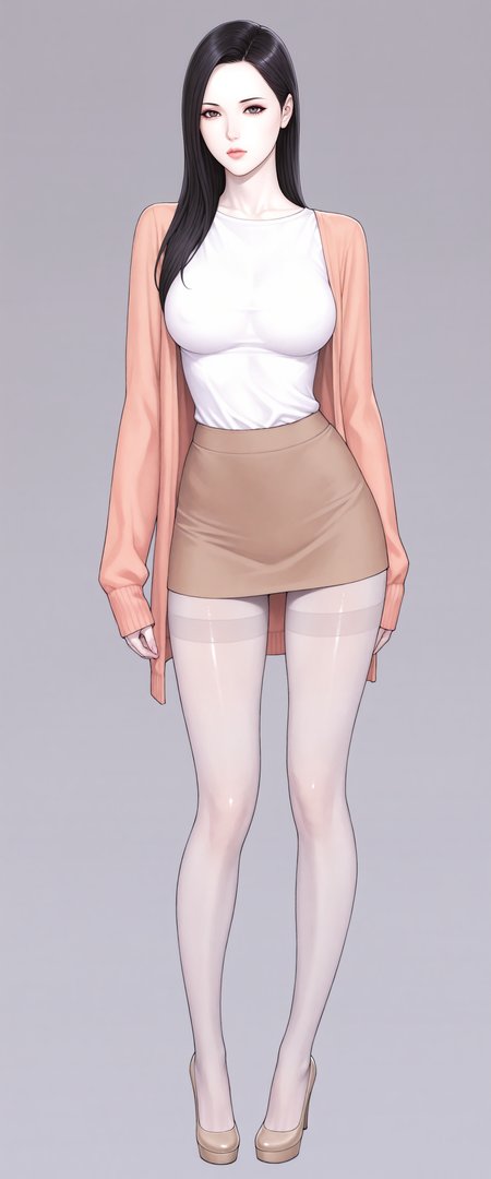 masterpiece,  best quality,
[[photorealistic,  realistic]],
1girl, solo, solo focus,
full body,
pale skin,  shiny skin,  white skin,
novel illustration, colorful,
simple background
ADDCOMM
very aesthetic, absurdres, newest, (detailed skin:1.2), highres, high contrast,
<lora:add-detail-xl:0.5>,
<lora:noob-skin texture-V2:0.3>,
<lora:izayoi_seishin_IL:0.3>,
<lora:oda-non_illu:0.35>,
<lora:odanonforill:0.35>,
(thin, skinny, slim body, slim figure, petite),
<lora:Body Type_alpha1.0_rank4_noxattn_last:2.0>,
<lora:Skin Color_alpha1.0_rank4_noxattn_250steps:-1.2>,
<lora:age_slider_v4:0.5>
ADDBASE
(black eyes),
mature, milf, aged up,
expressionless,  frown,
black hair,  straight hair,  parted hair
ADDROW
medium  breasts,  round breasts, breasts together,
collarbone,
<lora:round_breasts-IL-1.0:0.35>,
narrow waist, wide hips,
((oversized black open cardigan)), scoop neck t-shirt,
brown miniskirt,  shirt tucked in,
legs apart,
light grey thighband pantyhose,
stiletto heels,  pumps, tiptoes,  platform heels,