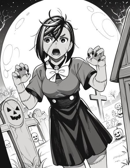score_9, score_8_up, score_7_up, source_anime, <lora:momo-ayase-manga-ponyxl-lora-nochekaiser:1>, momo ayase, short hair, bangs, thick eyebrows, monochrome, greyscale, medium breasts,, <lora:zombie-ponyxl-lora-nochekaiser:1>, zombie, colored skin, stitches, grey skin, multicolored skin, stitched face, zombie pose, halloween, halloween costume,, night, moon, graveyard, tombstone, grave, open mouth, , dutch angle, cowboy shot