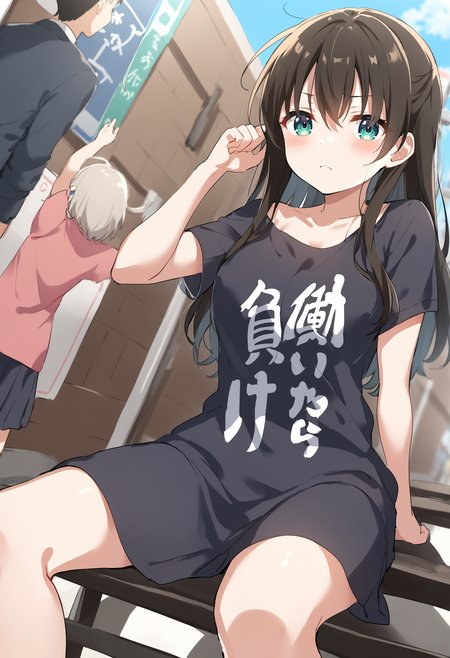 1girl,sincos, ningen mame, toosaka asagi,solo,medium breasts,school uniform,short sleeves,
you work you lose, clothes writing,  short sleeves, t-shirt, <lora:youworkyoulose_XL_v1:1>
dutch angle, feet out of frame, looking at viewer, brown hair, gray eyes,contemptuous, pedestrian crossing, closed mouth,
best quality, very aesthetic, absurdres