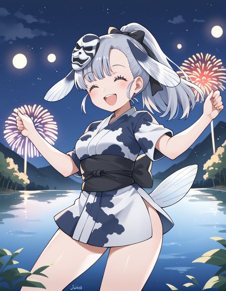 score_9, score_8_up, score_7_up, score_6_up, score_5_up, score_4_up, source_anime, rating_safe, BREAK <lora:jinmenGyoXL_LoRA-C3Lier_AdamW_Dim16_Alpha16_UN-3e-4_TE-1.5e-4_10batch_ponyDiffusionV6XL_v6StartWithThisOne:1>, jinmen-gyo \(kemono friends\), 1girl, grey eyes, head fin, grey hair, long hair, ponytail, tail, hair bow, mask on head, short yukata, sash, happy, closed eyes, smile, open mouth, dutch angle, dancing, night, night sky, summer, fireworks, mountainous horizon, forest, river