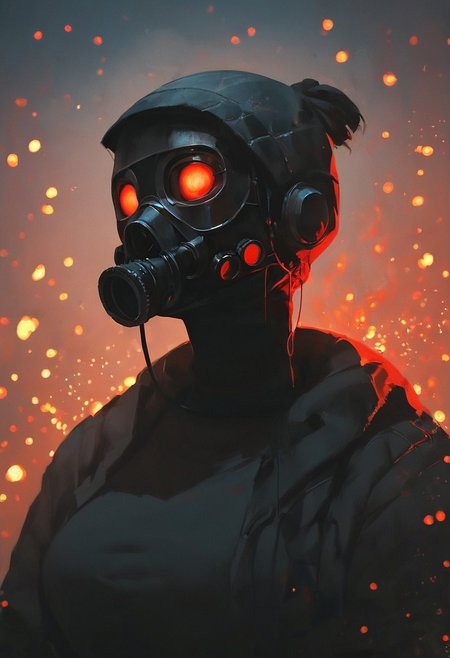 score_9, score_8_up, score_8_up, 1girl, depth of field, raw, intimate shot, (goth girl, gas mask, ski mask, ),cyber ninja, mechanical parts, ((glowing particles, flames)), large perfect breasts, (holding a weapon)