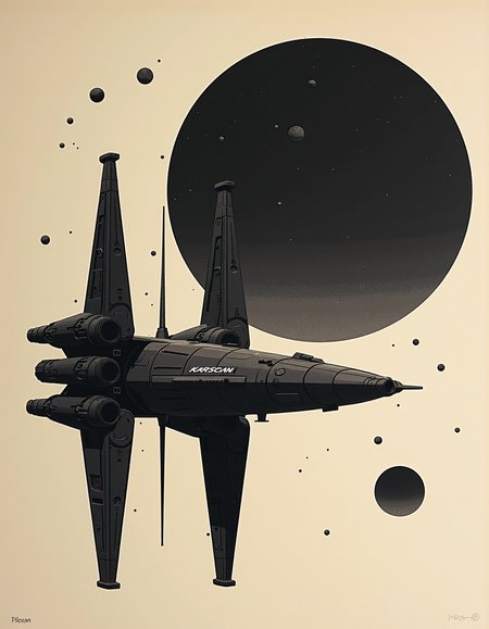 Geometric shapes suggesting a space station, large circle representing gas giant, scattered small circles for asteroid field. Monochromatic color scheme with strong contrast