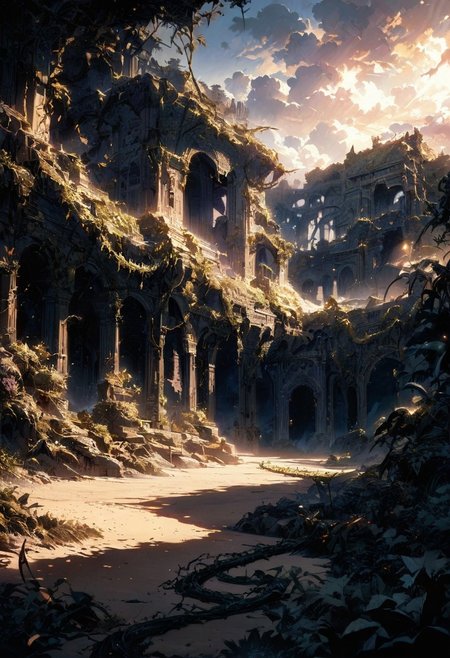 detailed landscape, great lighting, Sand beach, Vines stretching to the sky, Intertwining Vines, beautiful view, mysterious glow, beautiful clouds, depth of field, masterpiece, best quality, 8k, ultra-detailed, very aesthetic, illustration, superb composition, finest details, intricate details, absurdres, high contrast, RAW, concept art,