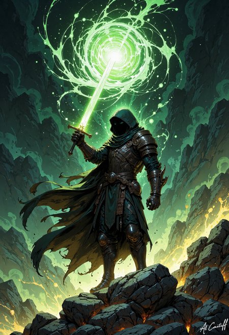 This image depicts a lone figure standing on a rocky terrain, wielding a glowing sword that casts an ethereal light on the surrounding environment. The figure is clad in a long, dark cloak with intricate armor plating visible beneath, and a hooded helmet covers their face, obscuring their features. The cloak is billowing behind them, as if caught in an unseen wind, and a few loose threads or strips of fabric are visible, fluttering in the darkness. The figure's sword is held at a slight angle, and a swirling vortex of green energy erupts from the tip, illuminating the surrounding area in an otherworldly glow. The background is a deep, foreboding green, with hints of gold and yellow emanating from the swirling energy. The overall effect is one of drama and tension, as if the figure is poised on the brink of a great and powerful act., MysticComic, comic book style, CreeepyCuteMagic<lora:Flux/creeepycutemagic-000012 - version ER.safetensors:0.5:0.5> <lora:CustomFlux/MysticComic.safetensors:0.5000000000000001:0.5000000000000001> <lora:CustomFlux/MysticFantasy.safetensors:0.15000000000000002:0.15000000000000002>