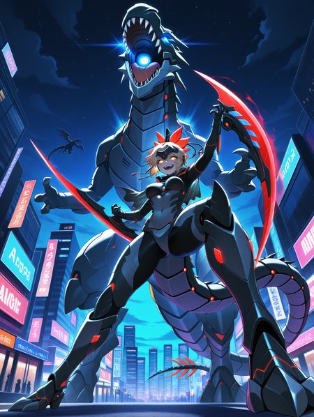dinomorphia kentregina,sharp teeth,mechanical claw boots,teeth,night sky,open mouth,city,1girl,grey bodysuit,arge breasts,medium breasts,smile,glowing eyes,outdoors,fangs,mechanical forehead protector,red arm blade,mechanical gauntlets,mechanical headgear,see-through cape,mecha dragon girl,mechanical tyrannosaurus rex,dinomorphia rexterm,from below,cityscape,blue glowing eyes,
masterpiece,best quality,amazing quality,very aesthetic,absurdres,newest,<lora:Dinomorphia Kentregina illuXL v1:0.7>,