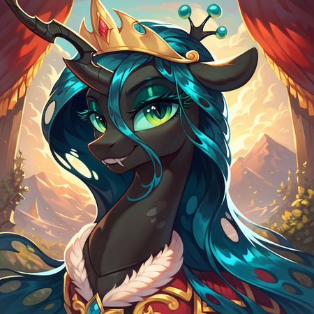 masterpiece, score_9, score_8_up, score_7_up, (best quality:1.1), ultra-detailed, high resolution, 1character,  Queen chrysalis, (((beautiful detailed eyes))), Long eyelashes, Looking At Viewer, Highly Visible, (((8k))), Changeling, feral, MLP, G4,  from Equestria at War, female, portrait of a leader, Queen of the Changeling Lands, royal militaristic ruler's outfit, sharp focus, perfect lighting, beautiful eyes, detailed outfit, long eyelashes, anatomically correct, extremely detailed, (the mountain and the sea), shine on body, high detail, evil face, predatory smile, Expressiveh, detailed background, OverallDetail, zPDXL2