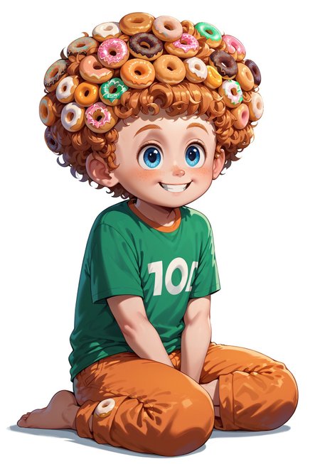 TangiriniStyle, , score_9, score_8_up, score_7_up, highly detailed, cute boy, 1boy, solo, Dennis, big curly Hair made of doughnuts, Blue Eyes, Freckles, Green shirt, Orange Shorts, sitting, big doughnuts tower, smiling,