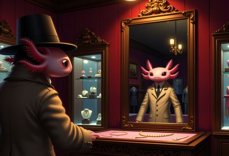 broken age of, In a high-end department store after hours, an axolotl wearing a trench coat and fedora is caught red-handed, trying on an expensive necklace in front of a large, ornate mirror The store is filled with luxury items, from designer clothing to sparkling jewelry, all displayed in glass cases and on velvet-lined shelves The lighting is dim, with just a few spotlights highlighting the most valuable pieces, creating a shadowy, secretive atmosphere The axolotlâs reflection in the mirror shows a look of surprise and guilt as it realizes itâs been caught, though thereâs also a hint of pride in how the necklace looks draped across its frills, the axolotl has pink frilly gills and pink skin