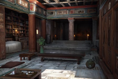 highly insanely detailed, masterpiece, top quality, best quality, highres, 4k, 8k, RAW photo, (very aesthetic, beautiful and aesthetic),  
Ancient Roman Interior Design,RomInt,ancient_roman_kitchen,terra_cotta_stove,spice_jars,ancient_roman_bathroom,Balneum, 
<lora:RomanInterior-10:0.7>, 
(1girl:1.3), 
1other, 
(dark_skin,tan_skin,tanned skin,dark skin,dark-skinned,black-skinned,bronze skin,bronzed skin,cinematic Bronze tan tanning skin tone:1.1), 
, 
, 
(extravagant Murphy bed) made of wicker material, blue color, classic style, multi-functional, caster wheels, fringed edges, adorned with metal inlays,marble tops,embossed leather, located in a rustic library, with wooden shelves, earthy tones, cozy atmosphere, warm lighting, 
scenery,âââ