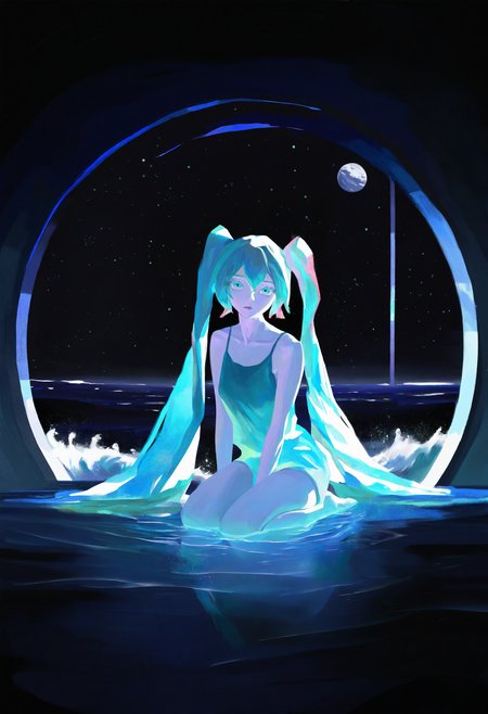 painterly, hatsune miku, artist:[caravaggio|adam de coster|yoneyama mai|cursedweeboo|daodtt|diao \(nrays\)|ravine bells|fkey],
1girl, solo, looking at viewer, colored eyelashes, long eyelashes, makeup, aqua eyes, multicolored eyes, multicolored hair, ocean, water, caustics, waves, full body, sitting, barefoot, seiza, parted lips, collarbone, bioluminescence, night sky, dark, deep glow, partially submerged, space station, circle, window, space, rotational symmetry,
newest, impasto, brushstroke, impressionism, chiaroscuro, oil painting \(medium\), newest, absurdres, masterpiece, very aesthetic