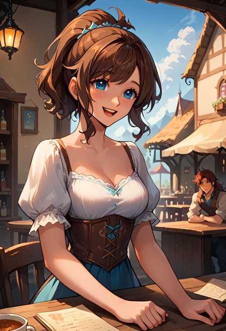 score_9, score_8_up, score_8_up, 1girl, sexy 20yo white caucasian girl, happy, smiling, friendly, girl standing, (((fantasy adventurer))),  (brown hair), ponytail, bangs, sidelocks, short hair, freckles, blue eyes(medium breasts;1.3)  narrow source comic book, pastel colors, high res image, masterpiece, fantasy town, sitting in a pub, listening intently, flirting, elbows on table, pushing hair out of face, 1man, sitting together, couple, man face out of frame
