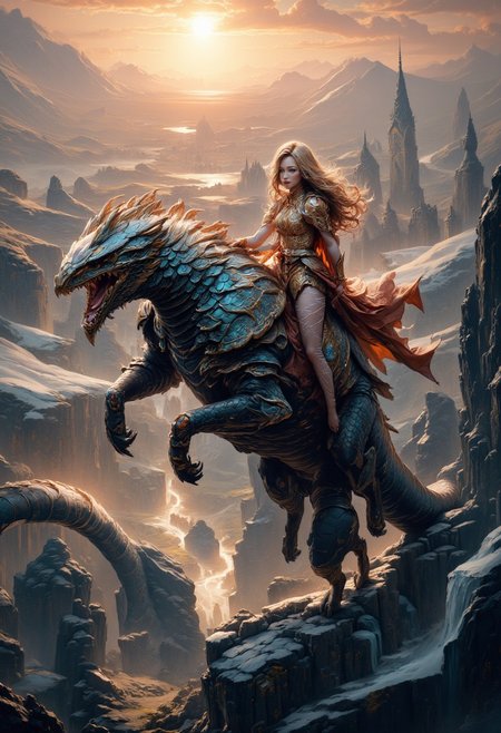 Legendary Dragon drifts through the sky, 
carrying a female knight on its back. 
The dragon's scales shine beautifully.
On the ground you can see the majestic land and river, and in the distance the sun rising over the horizon.
depth of field, masterpiece, best quality, 8k, ultra-detailed, very aesthetic, superb composition, finest details, intricate details, absurdres, high contrast, DreamArt,