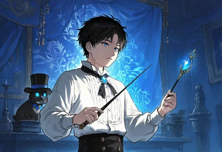 1boy, 20-yo, white shirt, holding wand, glowing gem, blue gemstone, top hat, black hair, short hair, 
BREAK
very awa, masterpiece, best quality, absurdres, newest, perfect quality, detailed background, intricate details, <lora:Ink_wash_painting_style_v1.5:1>