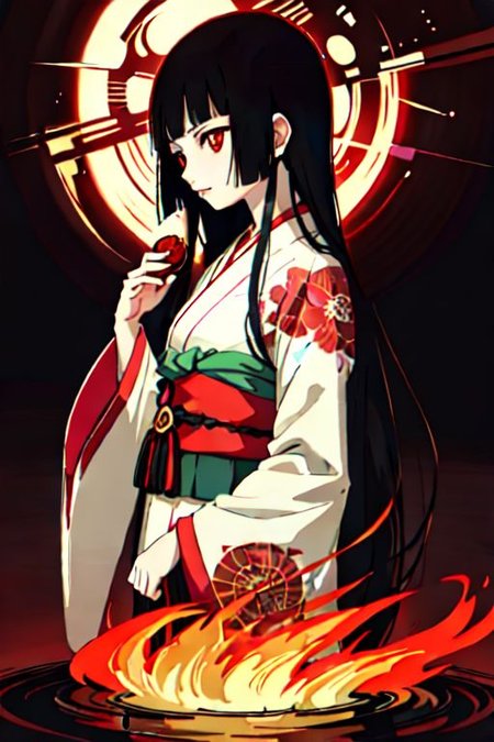 enma ai, hair down, hair black, bangs, eyes red, masterpiece, best quality, ultra-detailed, illustration, 1girl, solo, highres, photorealistic, ultra high res, (Original illustration composition), (fusion of limited color,Maximalism artstyle, kimono fashion, double exposure, background, illustration, Amazing, lily spider, night darkness, fire hell