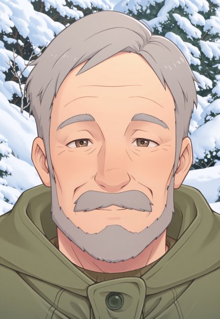 solo, masterpiece, detailed, ultra hd, best quality, 1boy, male, official art, w0lfc0nf, modern, new, masculine face, daddy looking face

PokemonAnnasGP, grey hair, mustache, old man, coat, looking at viewer, smiling, snow, headshot, portrait