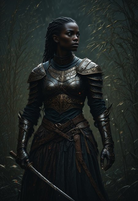 A hyper-realistic digital portrait of a dark-skinned female elf standing poised in a powerful Wing Chun stance amidst a dark, mystical reed-filled landscape, reminiscent of Ashley Wood's eerie and mystical art style. The reeds sway ominously in the background, as if sensing her impending movement, set against a subtle Dutch angle distortion of 20%. Her muscles are tense and coiled, ready to strike, casting a sense of foreboding and anticipation in this haunting and atmospheric scene. She is dressed in pauldrons and chainmail armor with a pleated gladiator kilt, adorned with intricate floral patterns in muted magenta, orange-gold and blue. Her sword, featuring a black hilt and a wide, chopping blade, is intricately engraved with symmetrical orange-gold designs that harmonize with the ornate patterns of her attire, emphasizing her poised yet lethal aura. The diffused lighting softly illuminates every detail, HD, 8K quality, ultra-detailed, masterpiece artwork, flawless anatomy.