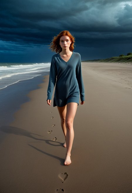 ((((A lone figure walking along a deserted beach, their footsteps echoing in the silence, carrying the weight of a broken heart.))) loneliness, melancholy, high-quality imagery, intricate details, muted color palette, emotion-driven composition, ((background: a stormy beach at night)),
Stable_Yogis_SD1.5_Positives,  detailed eyes,, perfect eyes,, freckles,, perfect skin texture, photorealistic eyes, sinfully stylish, dramatic lighting, shadows, soft light