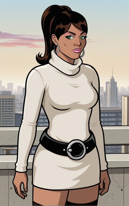 score_9, score_8_up, score_7_up, contrapposto, hand on hip, sunset, sidelighting, cityscape, vanishing point, outdoors, depth of field, solo, looking at viewer,   <lora:PONYXL_Archer_LanaKane_ownwaifu:0.8>, source_cartoon, BREAK MainOutfitWhiteSweater_LanaKane_ownwaifu, 1girl, brown hair, dark skin, dark-skin female, dark-skinned female, earrings, flipped hair, green eyes, jewelry, lips, makeup, nose, ponytail, turtleneck, lipstick, hoop earrings, breasts, long hair, medium breasts, turtleneck sweater, belt, dress, sweater dress, eyeshadow, short dress, white dress, white sweater, pink lips, thighhighs, zettai ryouiki, black thighhighs, black belt, turtleneck dress, high ponytail, mature female, eyelashes, belt buckle, long sleeves,<lora:Expressive_H:0.15> <lora:add-detail-xl:0.15>,