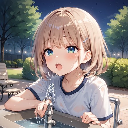 score 9,score_8_up,score_7_up,park,1girl,woman 
 <lora:drinking_fountain:0.8> drinking_fountain ,drink_water,  open mouth, faucet,
BREAK outdoors, park, night time, sweaty,