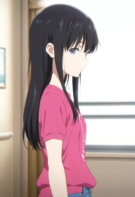 <lora:CUeno:1>
absurdres, high quality, masterpiece, very awa, anime screencap, 8k, absurd res
1girl, cueno, long hair, black hair, purple eyes,  detailed face,
upper body, expressionless,  denim, pink shirt,  profile,  (looking at viewer:1.2),