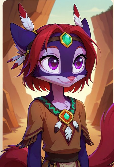 Dreamkeepers,Indi_and_Digo,1girl,solo,furry,tail,source_furry,,red hair,purple fur, purple eyes,
kid, child, 
Western Comics, Portrait, native american,cute, innocent, light smile:0.3, adorned with traditional regalia and feathers, Canyon background, dynamic angle detailed Native American tribal dress, depth of field, dynamic angle, fashion photography, sharp, hyperdetailed:1.15