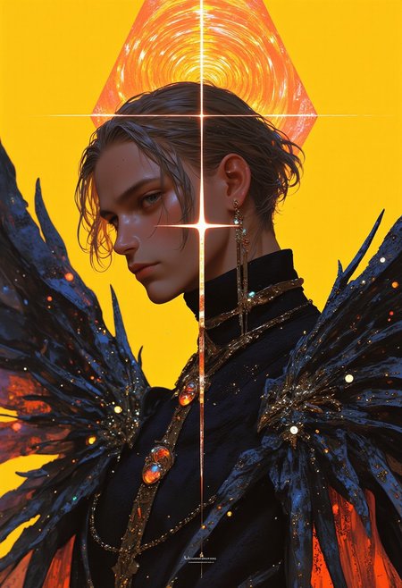 (mythp0rt), A hyper-realistic photoshoot of a young man with androgynous, clean-shaven features, dressed in avant-garde attire inspired by the theme "Gothic Romance." The outfit, designed by Alexander McQueen in collaboration with Sarah Burton, features a black lace bodysuit with exaggerated, winged shoulder pieces and shimmering dark velvet accents, called "Nocturnal Wings." Delicate silver chains, adorned with onyx and garnet stones, named "Cimmerian Ornaments," hang around his neck. His hair, styled by Sam McKnight, is slicked back into a high-shine, dark silhouette. A neon minimalistic cross pattern glows in the background, contrasting with his dark attire. The background is a lime yellow canvas with dark orange hypnosis spirals, amplifying the surreal atmosphere. Captured with a Sony A7R V and a 135mm f/1.8 lens, ISO 100, f/1.8, the intricate textures and glowing patterns add a moody, romantic allure to the gothic-inspired shoot.