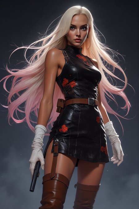 Photorealistic portrait of a striking young woman with long, flowing blonde hair that fades into soft pastel pink at the ends. She has a sleek 1960s secret agent aesthetic, wearing a sleeveless, form-fitting black  dress adorned with red floral patterns. Her waist is accentuated by a thick belt with a metallic buckle. She has tall brown  thigh-high boots, complemented by a white headband and matching white gloves. . Her piercing blue eyes and delicate facial features convey a sense of mystery. seductive lighting , dynamic pose, highly detailed background <lora:Dever_Flux_Enhancer:0.85>  <lora:Anime v1.3:1.3>