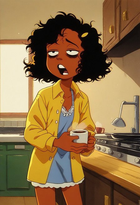score_9, score_8_up, score_7_up, retro artstyle
1girl, solo, Ashley B RC, black hair,curly hair, ashley b rc, yellow hair ornament, , dark skin
indoors, kitchen, wear only lace negligee, loose clothes, open clothes, holding a cup of coffee, eyes half closed, yawning, sleepy eyes, bags under eyes, perfect hands,