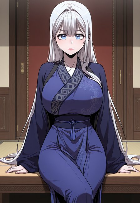 zPDXL3, score_9_up, score_8_up, score_7_up, (Anime_source),Masterpiece,(perfect female body:1.2), small waist, (incredibly detailed:1.4), beautiful fingers, (large breasts:1.2)  looking at viewer, big breasts, looking at viewer,  <lora:Namgoong_Bi-Ah_-_Childhood_Friend_of_the_Zenith-Kaleid_Illustrious:1> namgoongbi-ah, 1girl, white hair, long hair, blue eyes, chinese clothes, standing, sitting, crossed legs,