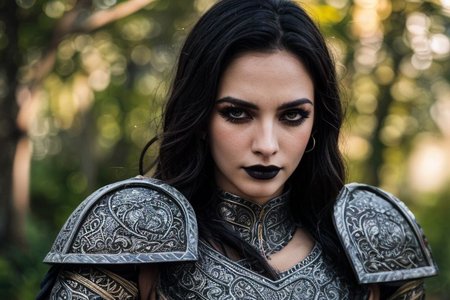 masterpiece, best quality, (colorful), cinematic lighting,  realistic, battlefield besides the dark waters of a misty fjord, beautiful valkiria, wavy dark hair, plate armor, ornate carapace, long sword, wooden shield, 
dynamic pose, extremely detailed, beautiful detailed face, medium breasts, braless, no bra, cleavage, nipslip, at dusk, slanted sunrays, pale skin, detailed skin, dark makeup, black mascara, black lipstick, EyeDetail, perfect detailed eyes, long eyelashes, black eyeliner, kawaii makeup , subsurface scattering, remarkable color, ultra realistic, textured skin, remarkable detailed pupils, realistic dull skin noise, visible skin detail, skin fuzz, dry skin, bokeh, sharp focus on subject,